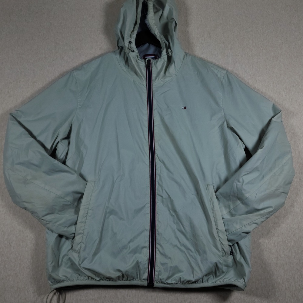 Tommy Hilfiger Windbreaker Jacket Mens XL Hooded Light Grey Nylon Mesh Lined Zip